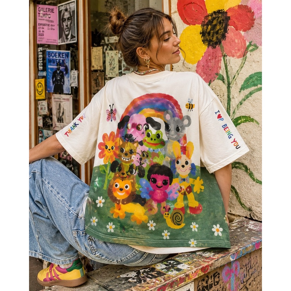 Zara L Oversized Graphic Art T Shirt Mermaid Rainbow Whimsical Y2K Cotton Tee